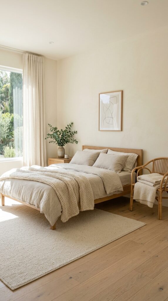 3 a bright airy photograph of a minimalist bedroom w