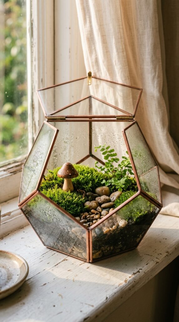 3 a close up of a geometric glass terrarium with a h