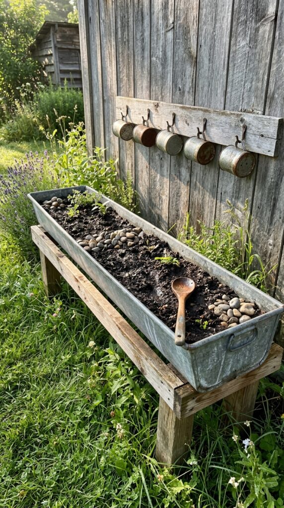3 a long galvanized metal trough mounted on a simple
