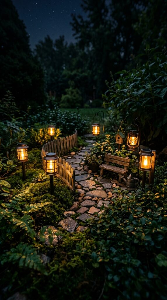 3 a night time fairy garden scene featuring five tin