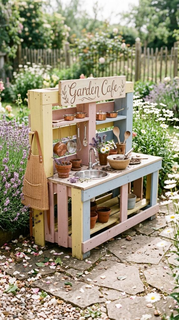 3 a whimsical mud kitchen painted in soft pastel hue