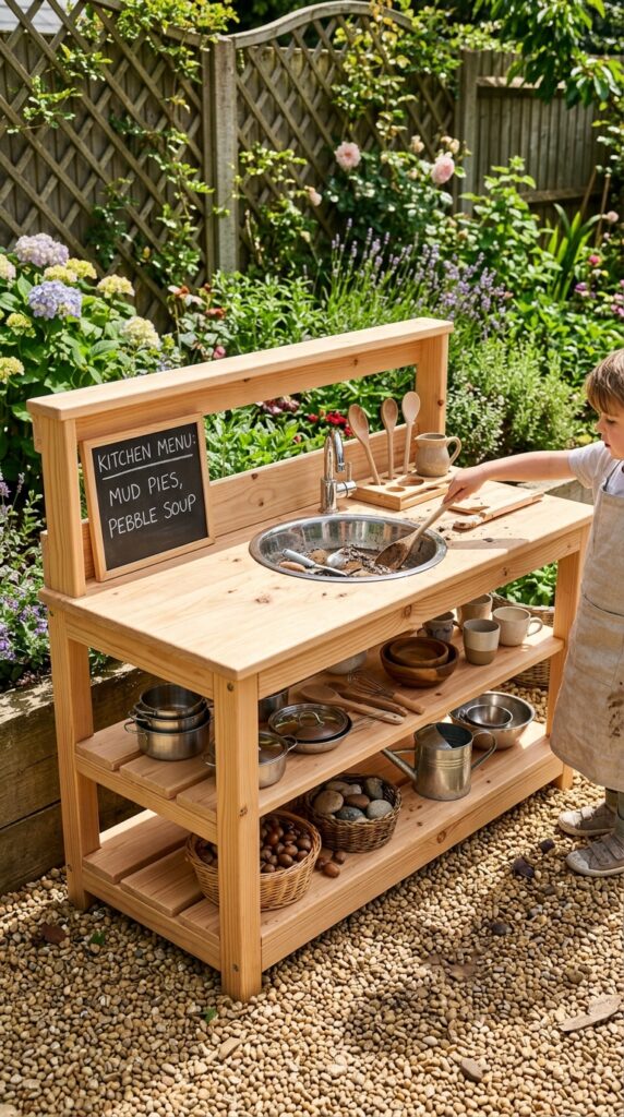12 Simple Mud Kitchen Ideas for a Fun Play Area 3 image prompt a neatly constructed outdoor mud kitc