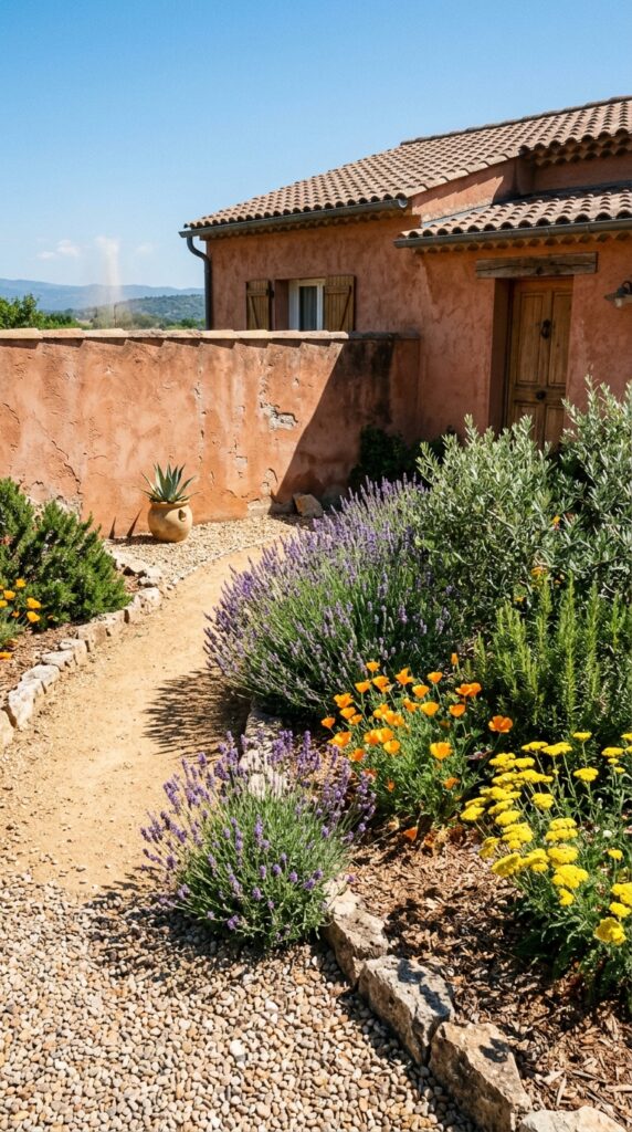 3 image prompt a sun drenched front yard with terrac