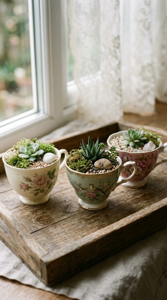3 image prompt three mismatched vintage china teacup