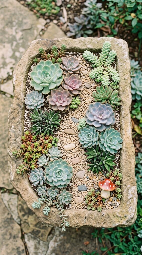 4 a birds eye view of a shallow stone trough planted
