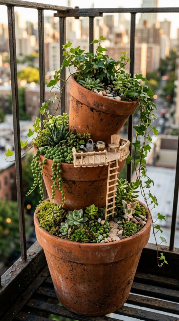 4 a close up of three terracotta pots stacked in a t