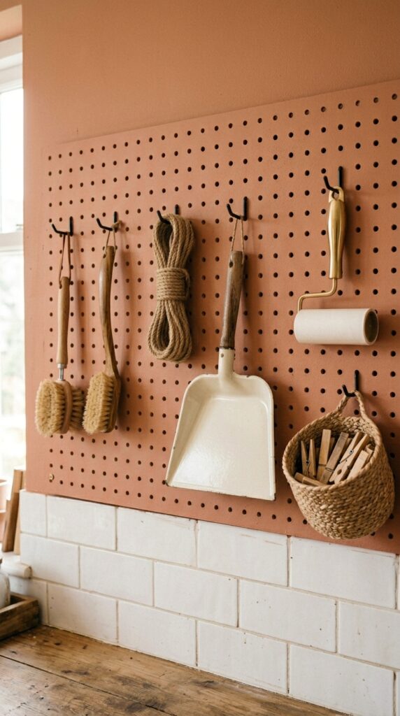 4 a close up shot of a large pegboard wall painted i