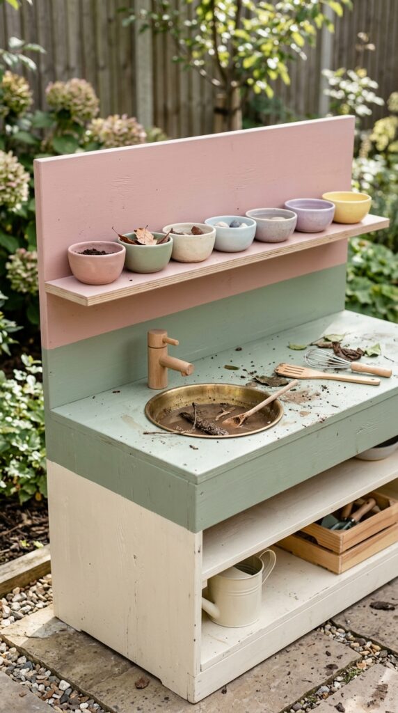 4 a mud kitchen built from simple plywood painted in