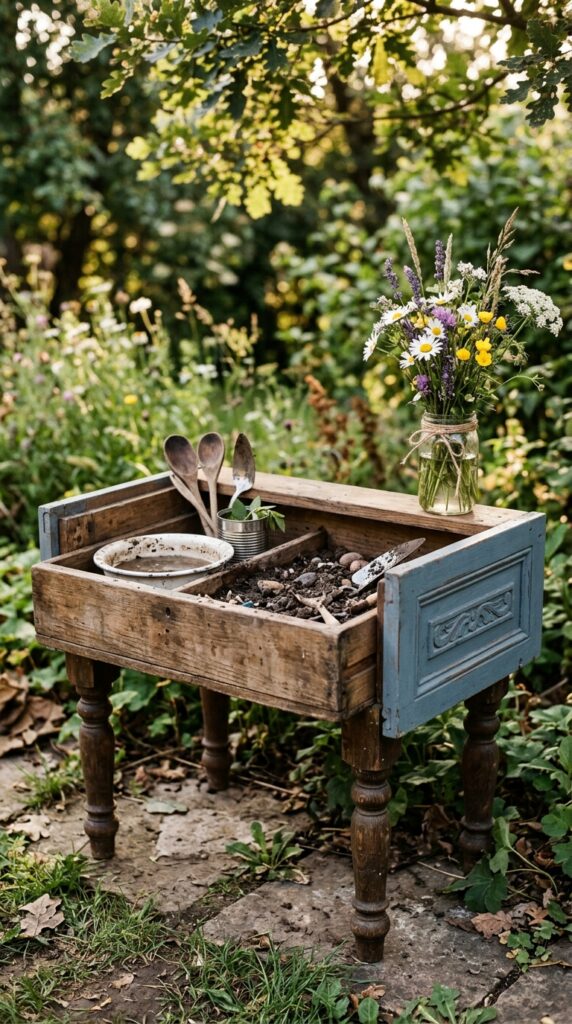 4 a small mud kitchen built from a single deep woode
