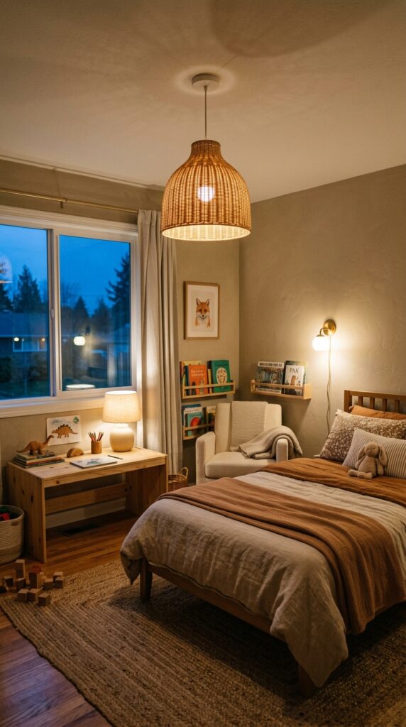 4 a wide angle photograph of a kids bedroom at dusk 