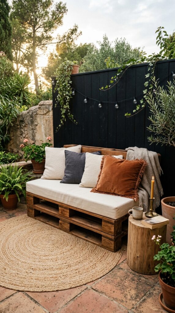 12 Backyard Patio Ideas On A Budget That Look Stylish 4 a wide shot of a low pallet sofa built from three