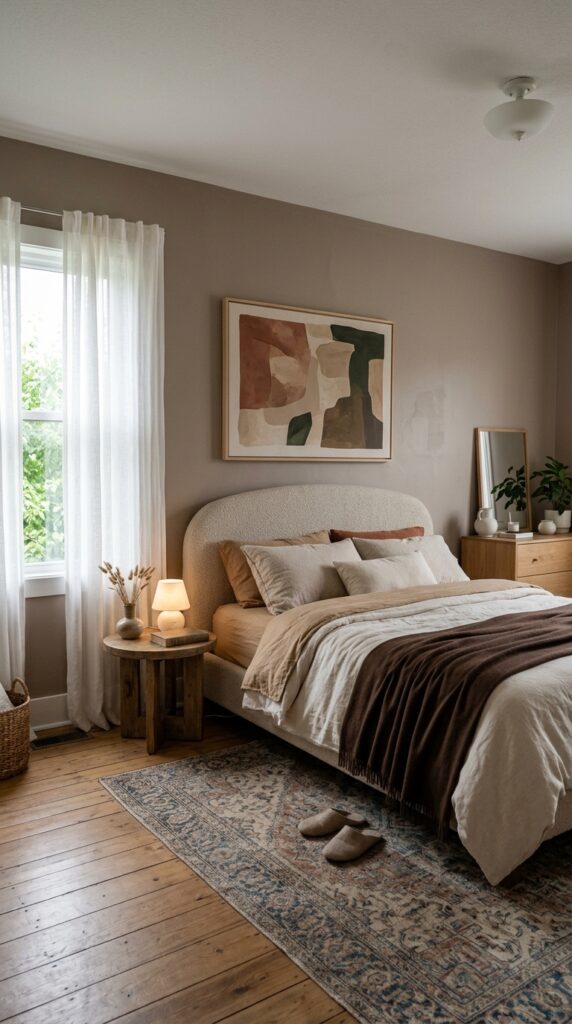 4 a wide shot of a serene bedroom with all four wall