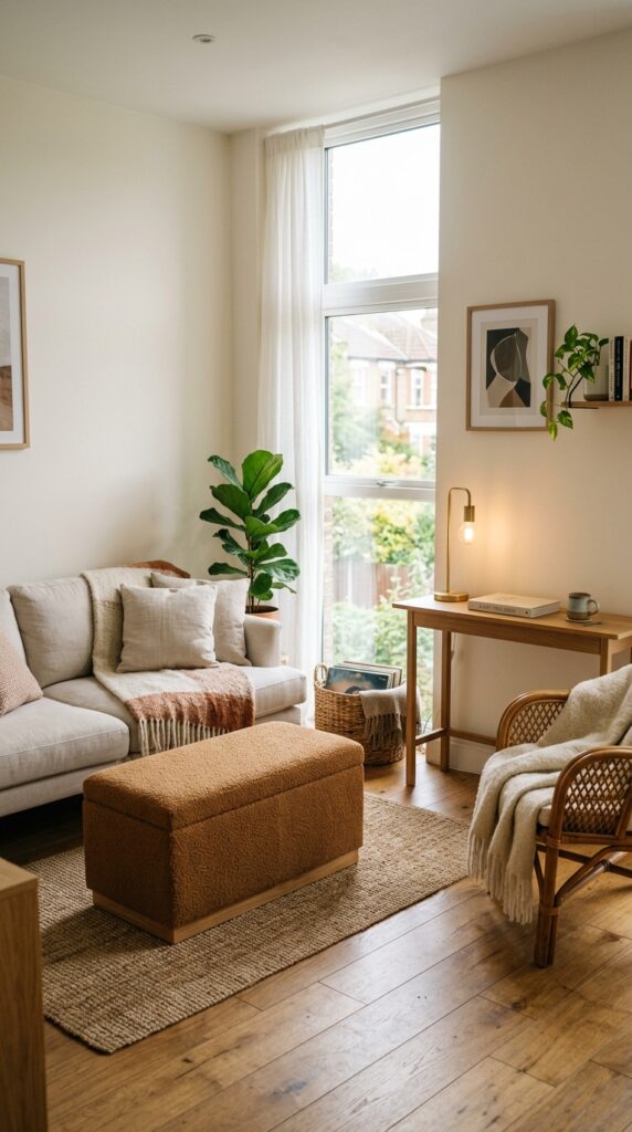 4 a wide shot of a small living area at midday featu