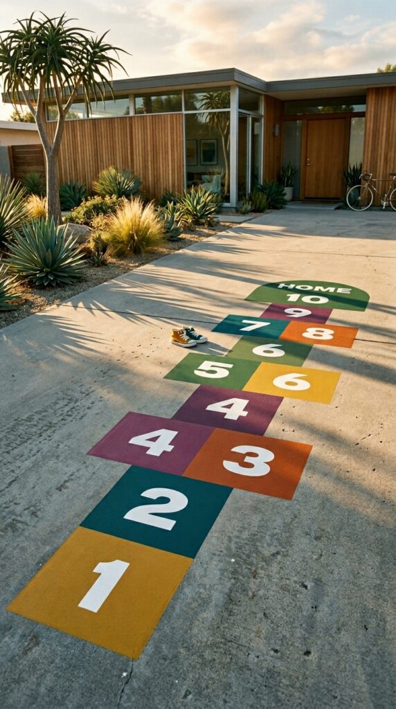 4 driveway hopscotch with each square painted in a d