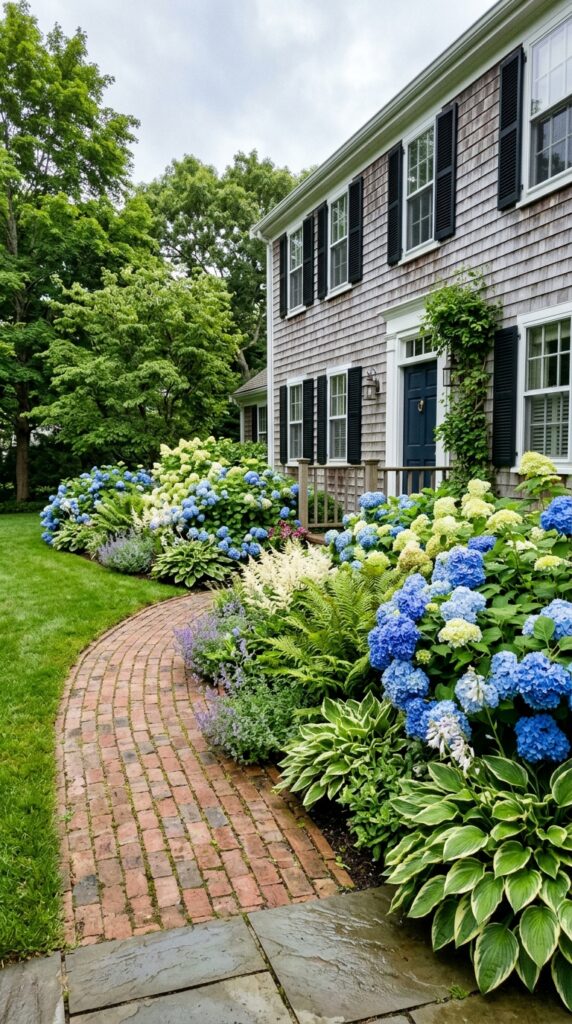 4 image prompt a lush front yard border running alon