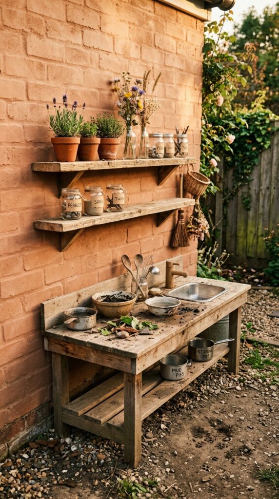12 Simple Mud Kitchen Ideas for a Fun Play Area 4 image prompt a simple wooden mud kitchen counter s