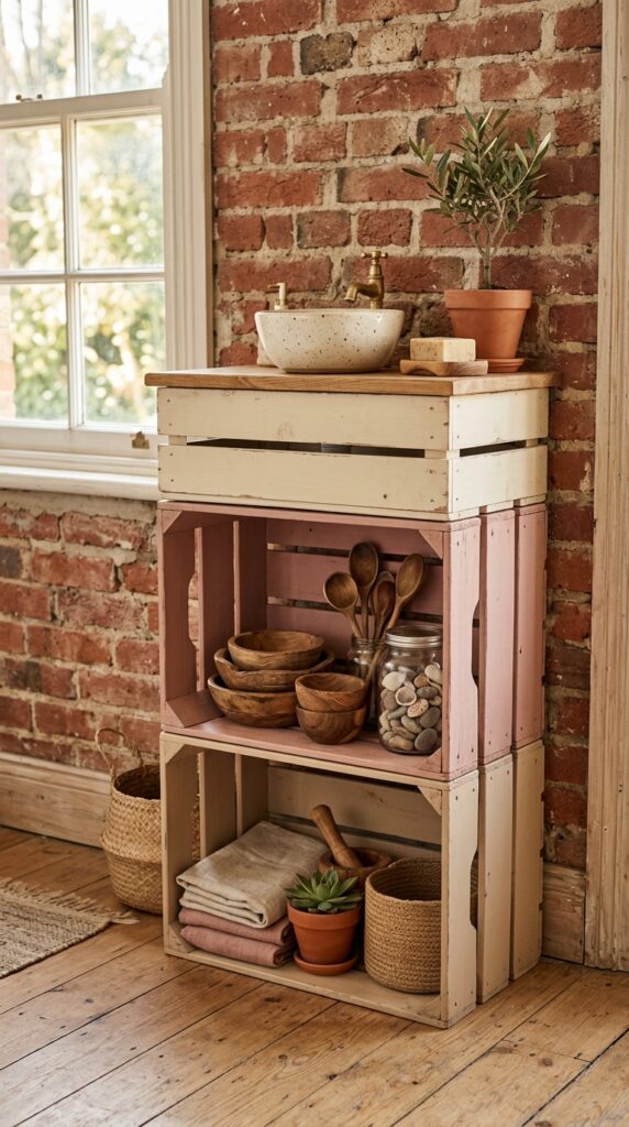 12 Easy Mud Kitchen Ideas for a Small Backyard 4 three wooden produce crates stacked vertically aga
