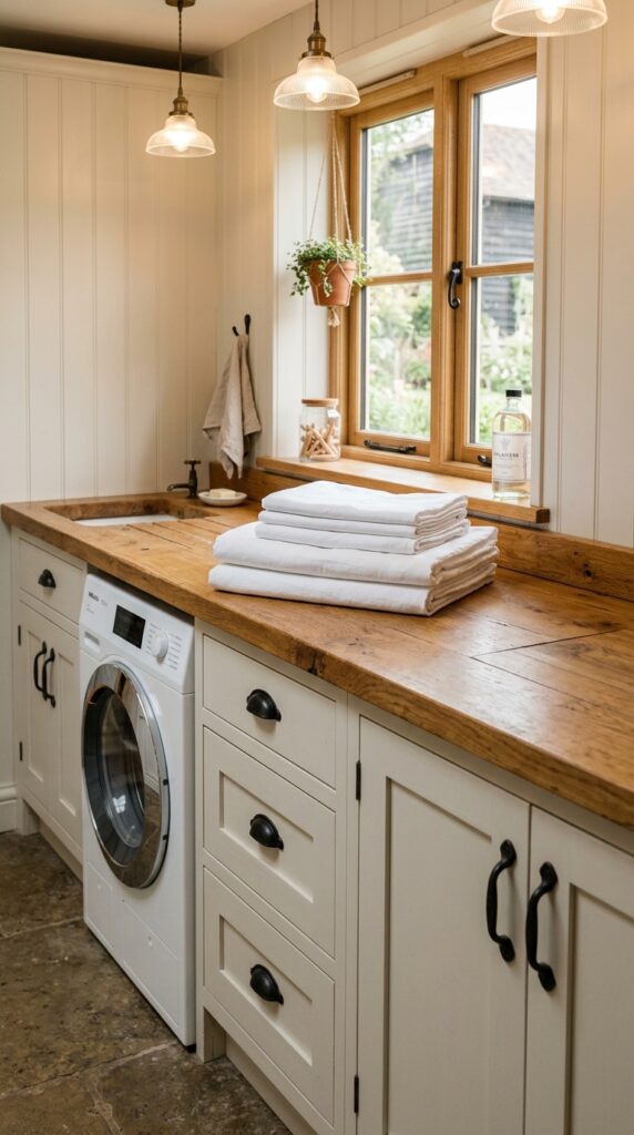 5 a close medium shot of a thick butcher block count