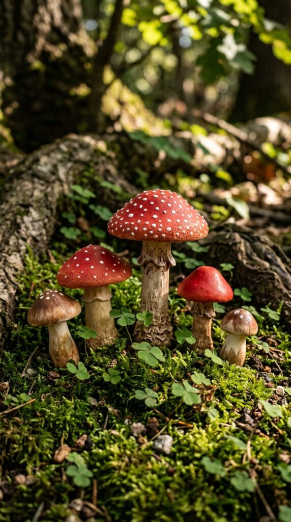 5 a macro close up of five handmade toadstools in va