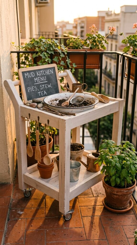 12 Easy Mud Kitchen Ideas for a Small Backyard 5 a small two tier wooden bar cart on wheels painted