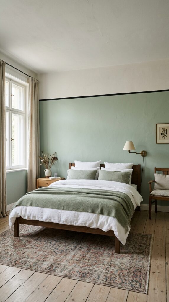 5 a wide angle photograph of a calm bedroom with wal