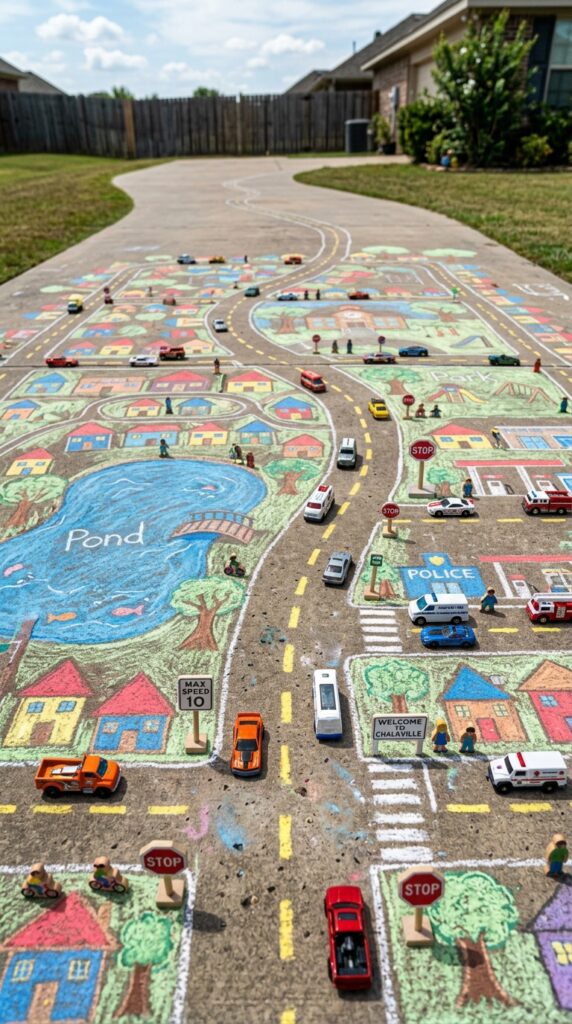 5 a wide angle shot of a sprawling chalk drawn minia