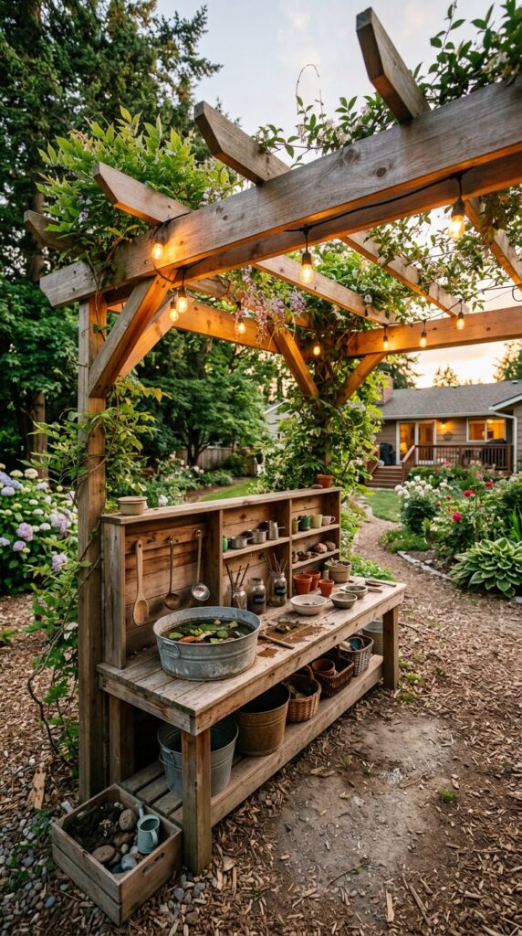 12 Simple Mud Kitchen Ideas for a Fun Play Area 5 image prompt a wooden mud kitchen tucked under a s