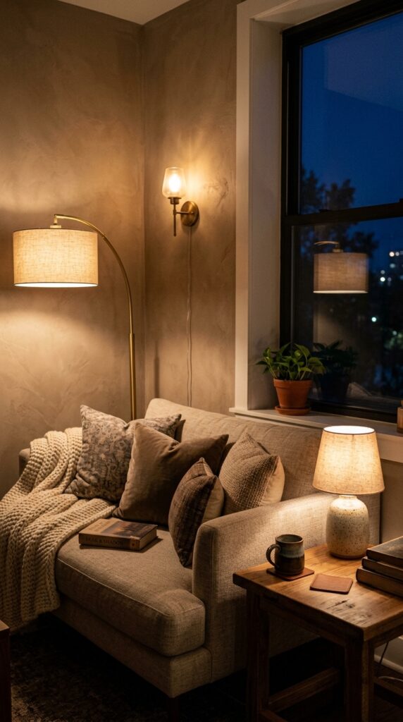6 a close up evening interior shot of a small living