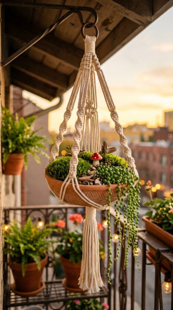 6 a close up of a wide mouthed hanging macramé plant