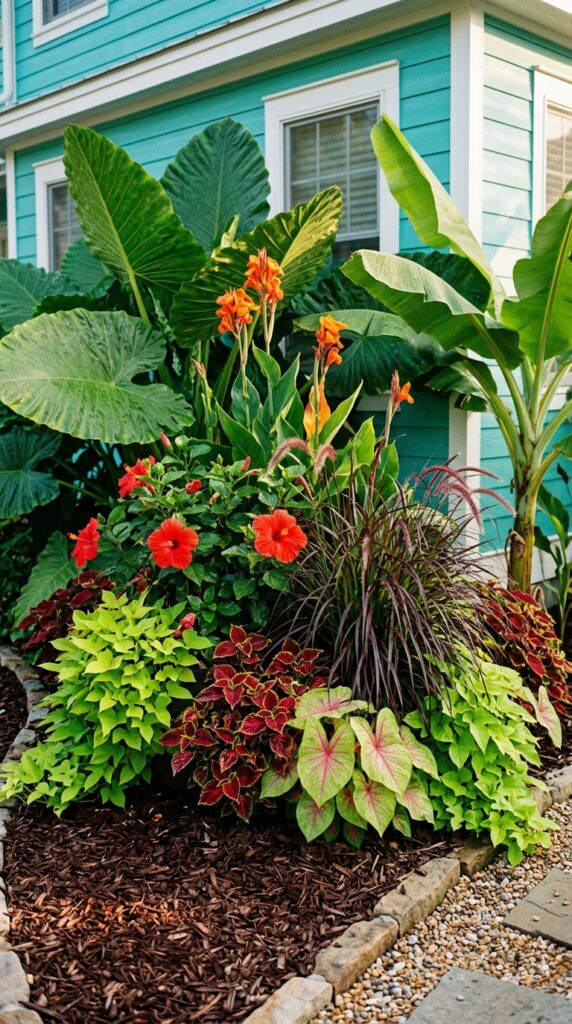 6 a close up photograph of a tropical themed corner 