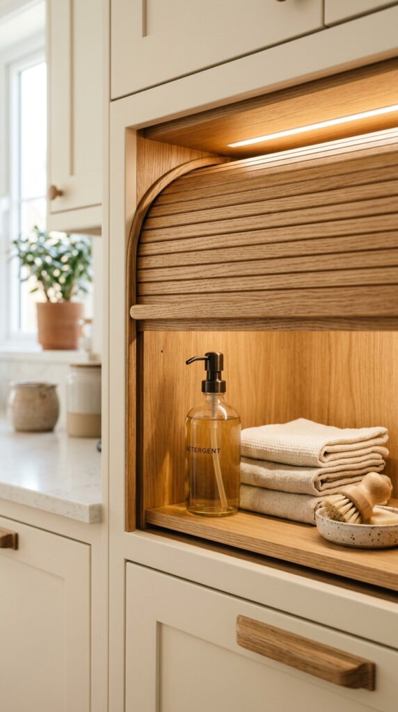 6 a close up shot of a wooden tambour roll up cabine