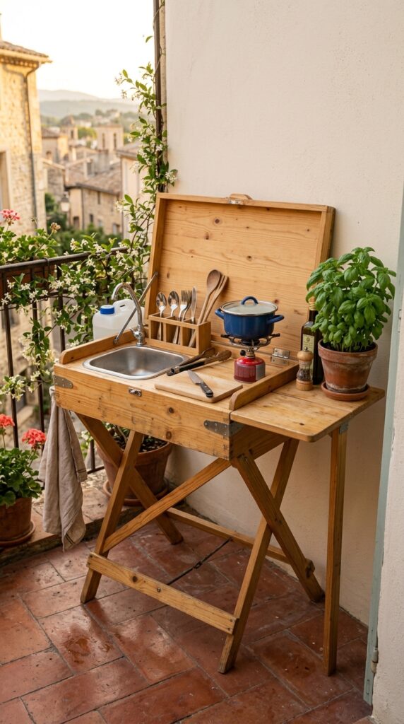 6 a compact folding wooden camping kitchen unit set 