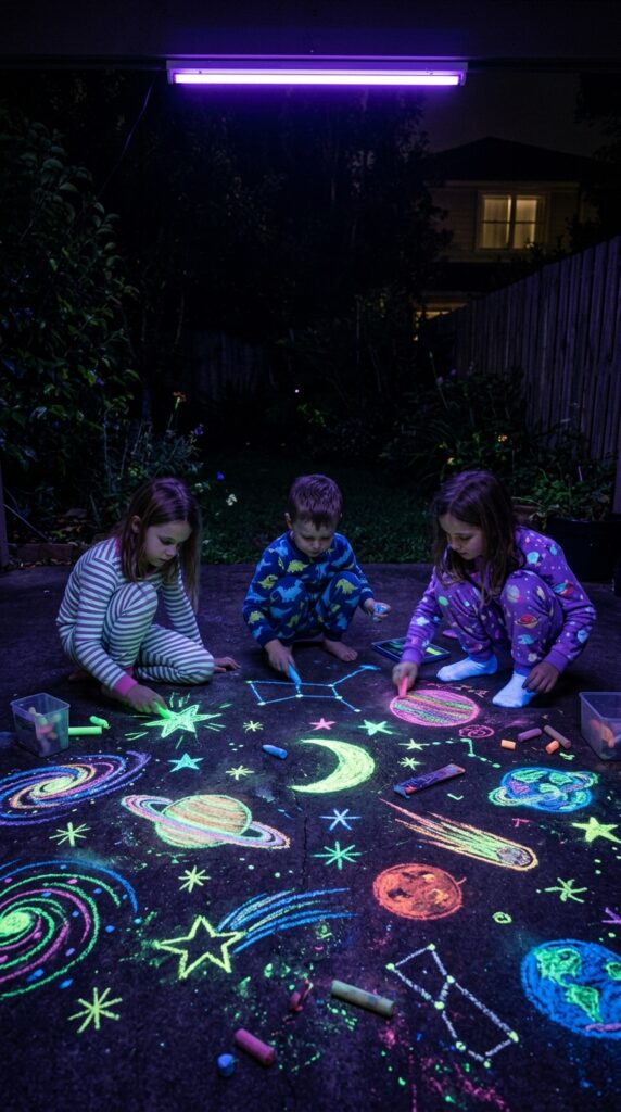 6 a nighttime shot of a backyard patio glowing softl