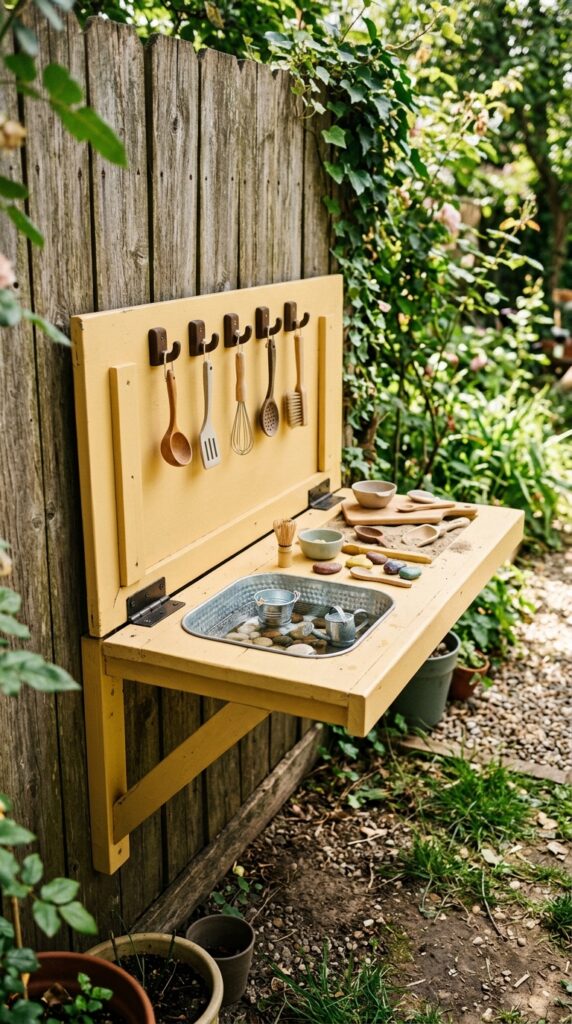12 Easy Mud Kitchen Ideas for a Small Backyard 6 a wall mounted fold down wooden counter attached t