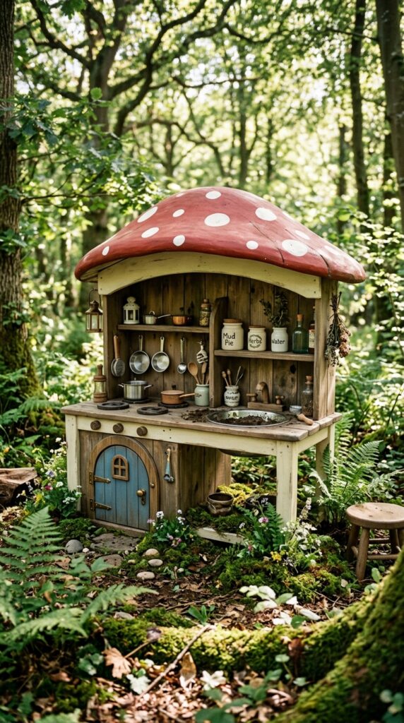 6 a whimsical wooden mud kitchen with a curved red m