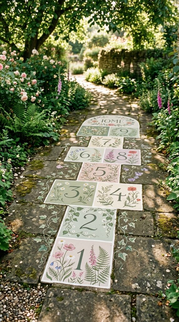 6 hopscotch grid with delicate hand painted botanica