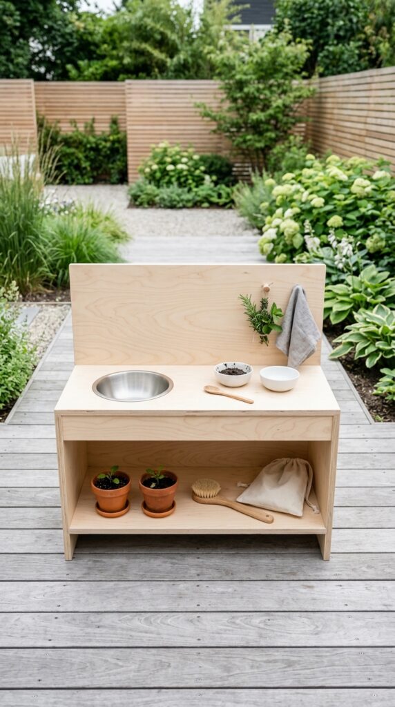 12 Simple Mud Kitchen Ideas for a Fun Play Area 6 image prompt a clean minimal mud kitchen in light