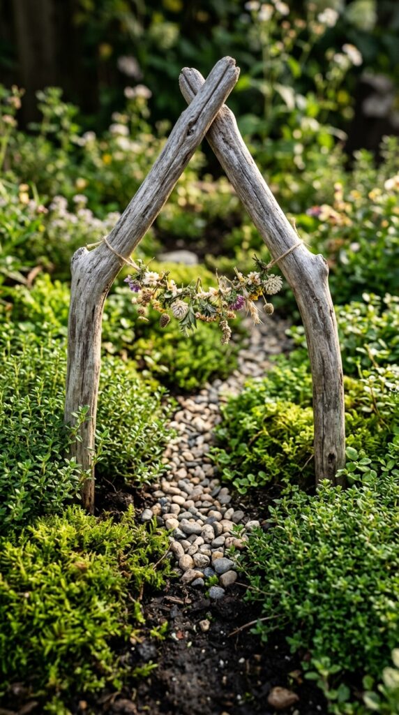 7 a close up of a miniature garden arch made from tw