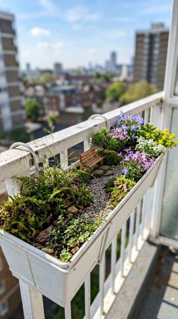7 a close up of a narrow white metal railing planter