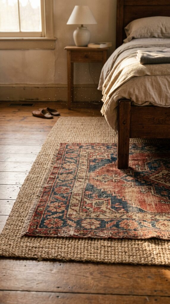 12 Retro Bedroom Ideas With A Modern Stylish Twist 7 a floor level shot of a vintage faded turkish rug