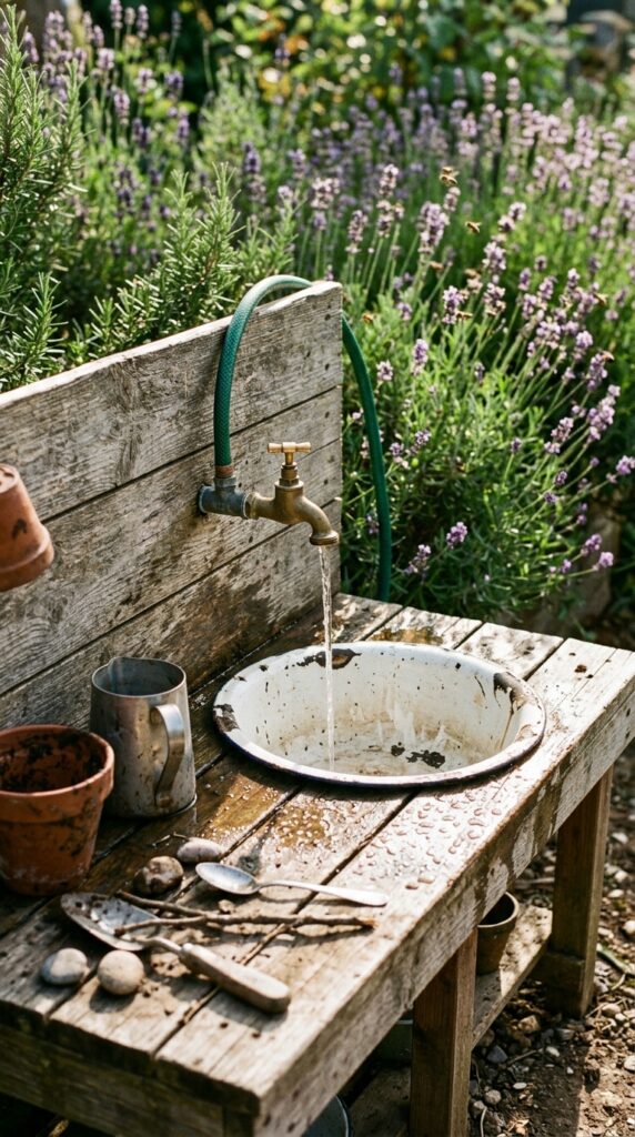 7 a mud kitchen featuring a real working tap mounted