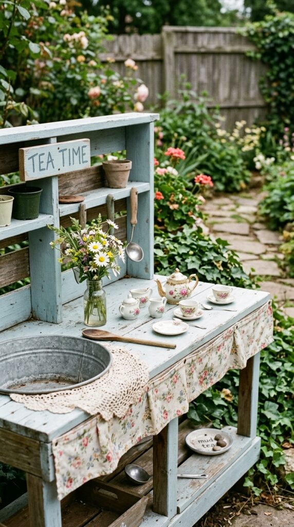 7 a mud kitchen styled like a vintage tea party setu
