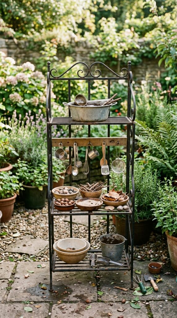 12 Easy Mud Kitchen Ideas for a Small Backyard 7 a vintage tiered metal plant stand repurposed as a