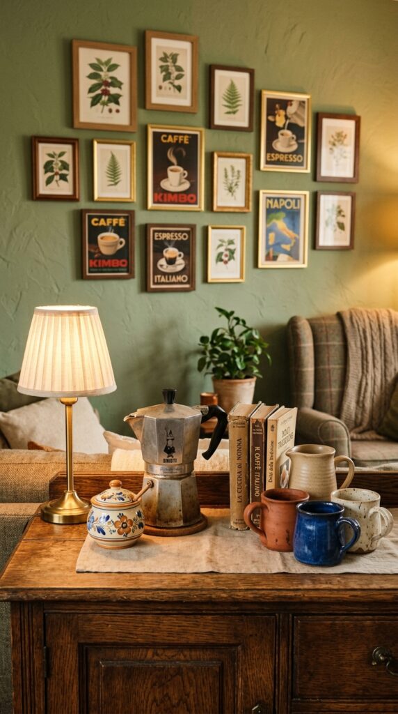 7 a warmly layered vintage coffee vignette on an ant