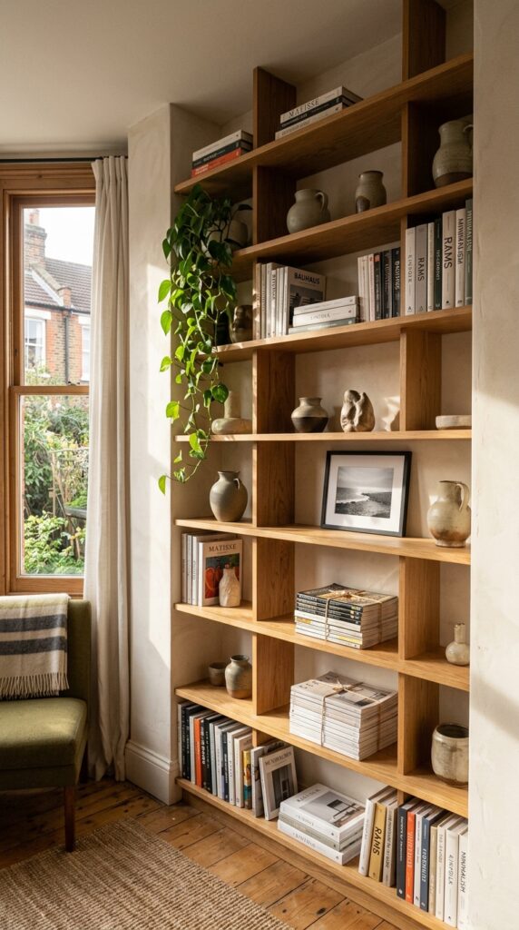7 a wide angle shot of a small living room wall with