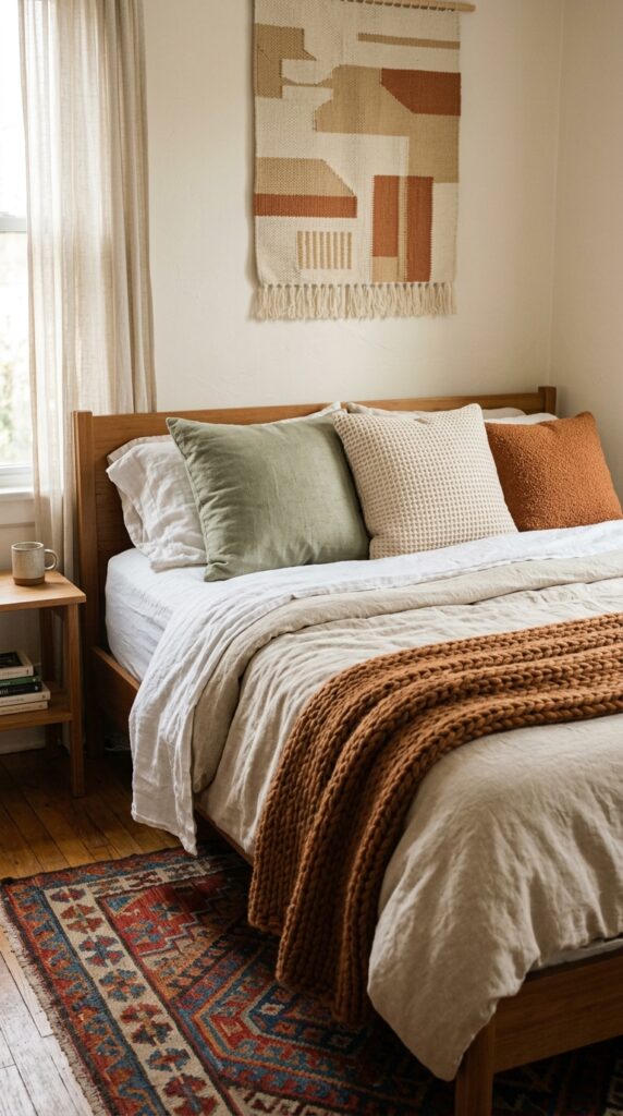 8 a close up shot of a layered bed in a small bedroo