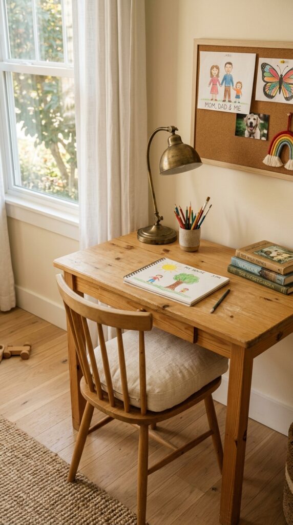 8 a medium shot of a small pine desk in a kids bedro