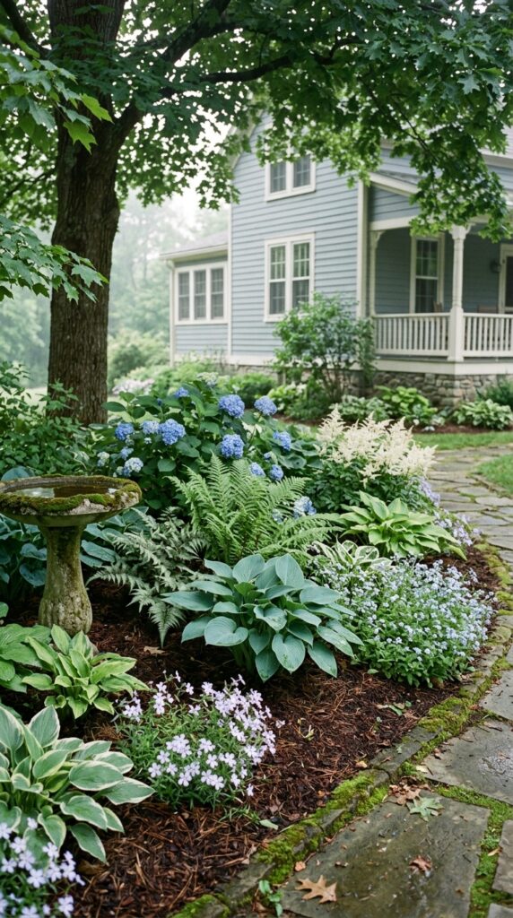 8 a serene photograph of a shaded corner flower bed 