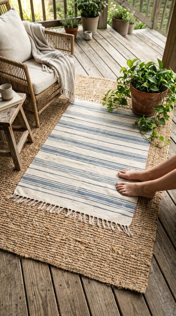 12 Backyard Patio Ideas On A Budget That Look Stylish 8 a top down angled shot of a layered rug arrangemen
