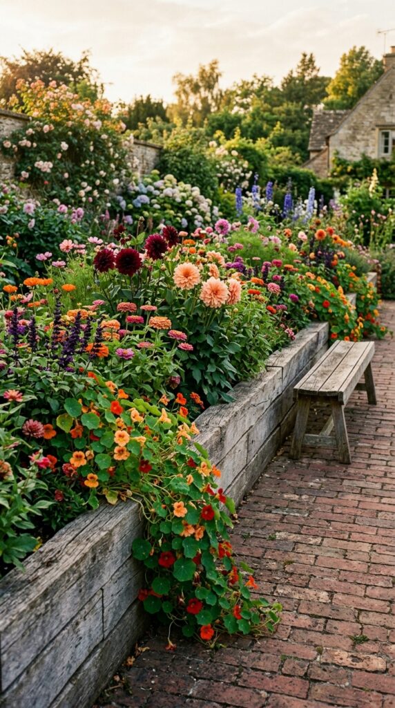 8 a wide photograph of a long raised flower bed buil